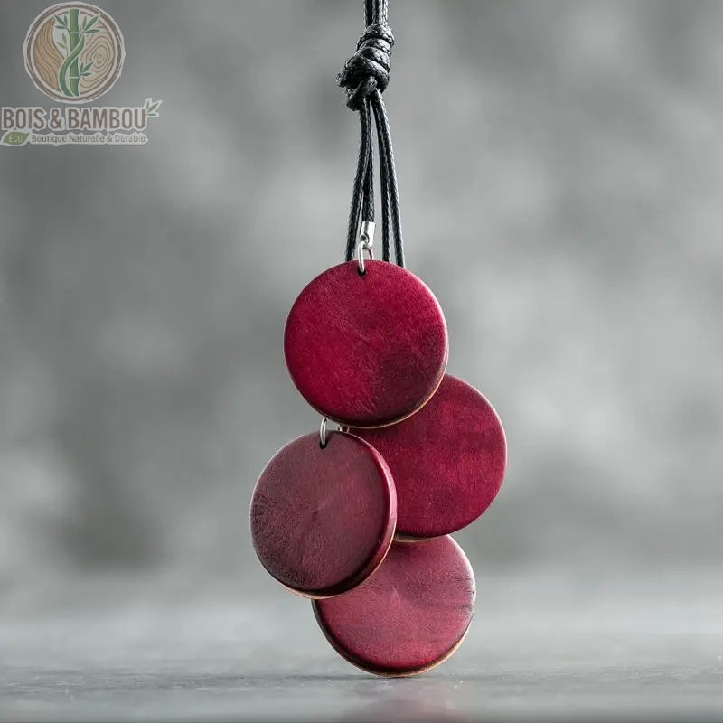 collier long bois vintage 4 disques colorés bordeaux lie-de-vin en cascade sur cordon noir réglable