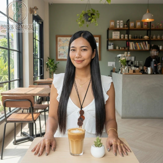Collier long en bois vintage composé de disques portés par une femme dans un café, assise devant un latte et une petite plante grasse.