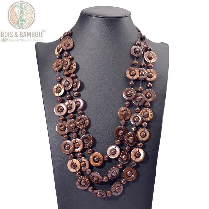 Collier perles bois marron foncé multicouche 3 rangs style bohème