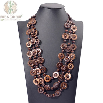 Collier perles bois marron foncé multicouche 3 rangs style bohème