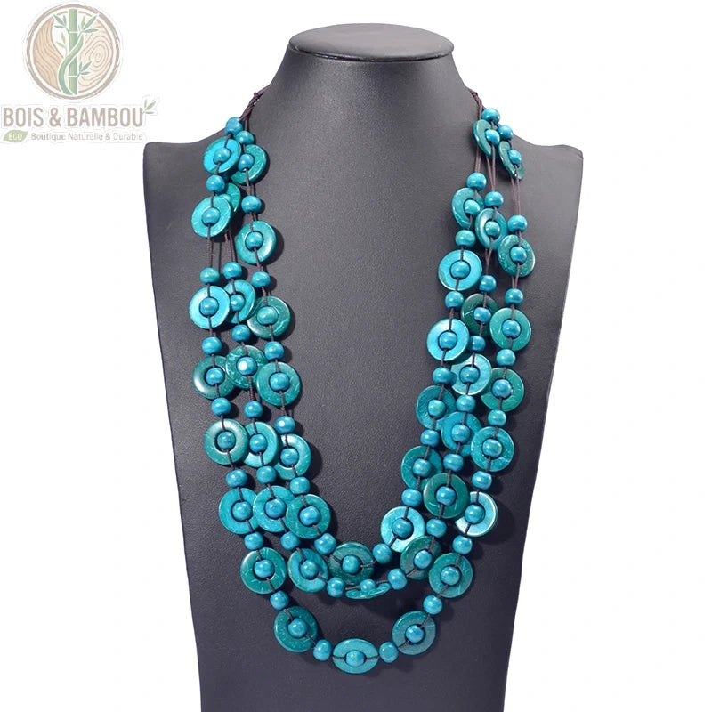 Collier multicouche perles bois turquoise 3 rangs style ethnique bohème
