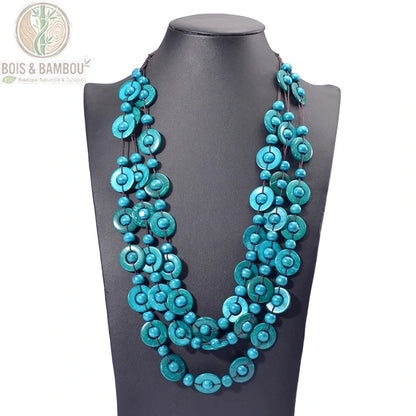 Collier multicouche perles bois turquoise 3 rangs style ethnique bohème