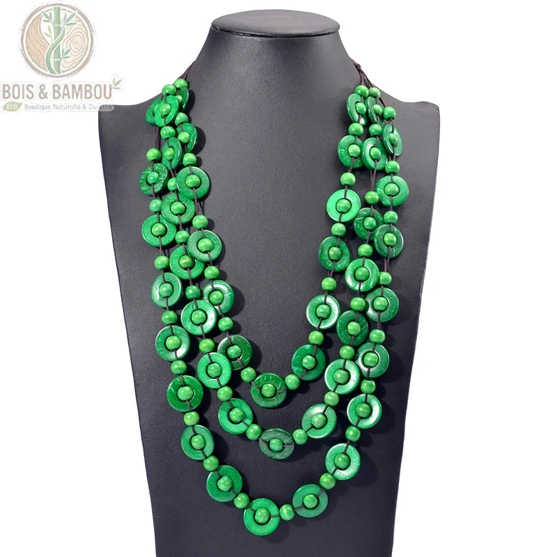 Collier multicouche perles bois vert uni 3 rangs style bohème