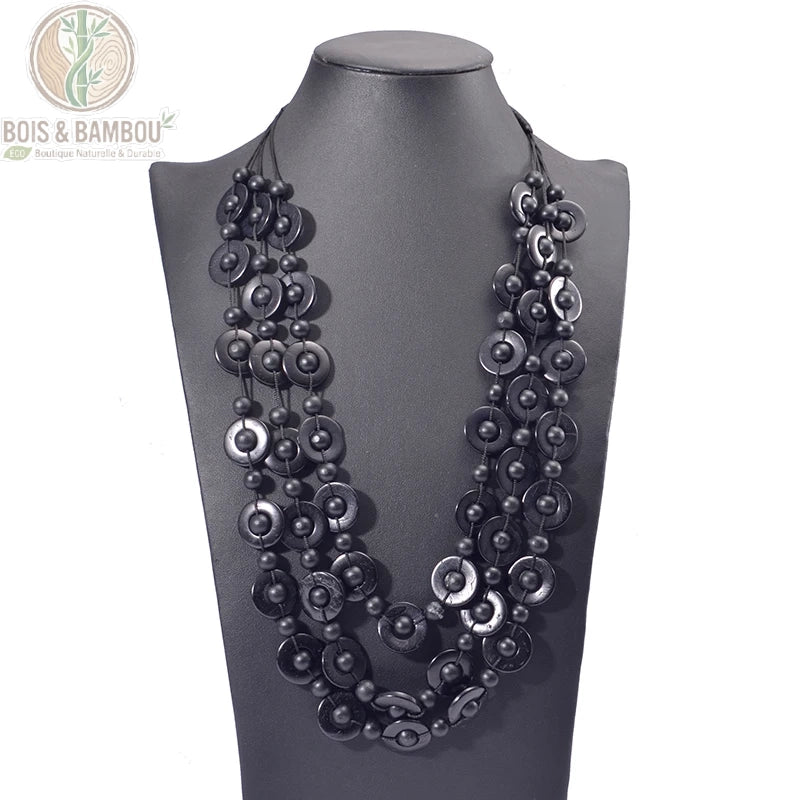 Collier perles bois multicouche noir anthracite 3 rangs sur mannequin