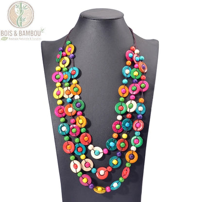 Collier multicouche perles bois multicolore vif 3 rangs fait main