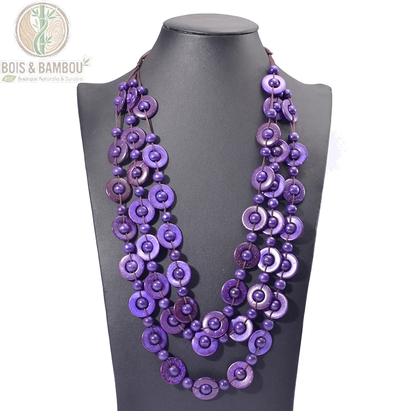 Collier perles bois multicouche violet lilas 3 rangs style ethnique