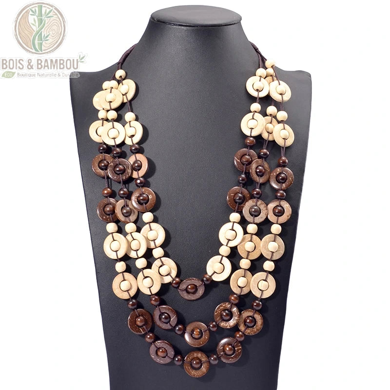 Collier multicouche perles bois bicolore naturel beige marron 3 rangs