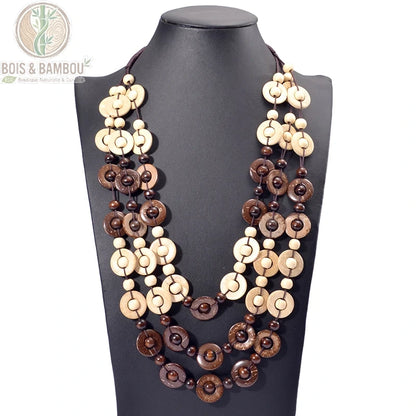 Collier multicouche perles bois bicolore naturel beige marron 3 rangs