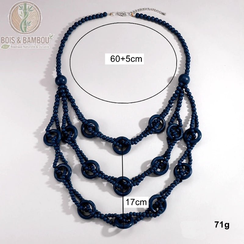 Collier bois multicouches perles anneaux 3 rangs dimensions 60+5 cm hauteur 17 cm 71g
