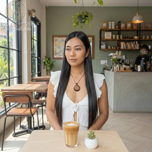 Collier avec pendentif en forme de petite bouteille en bois porté par une femme dans un café, assise devant un latte art et une petite plante.