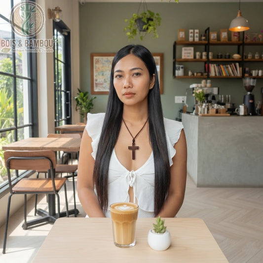 Collier pendentif croix en bois porté par une femme dans un café, assise devant un latte et une petite plante décorative.