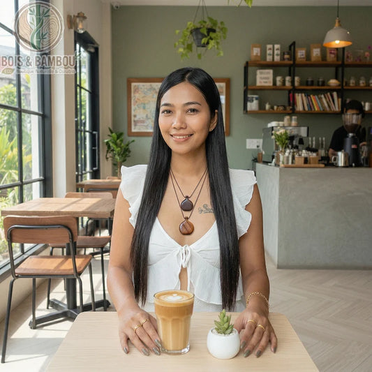 Collier avec pendentif flacon en bois porté par une femme dans un café, assise devant un latte art et une petite plante décorative.