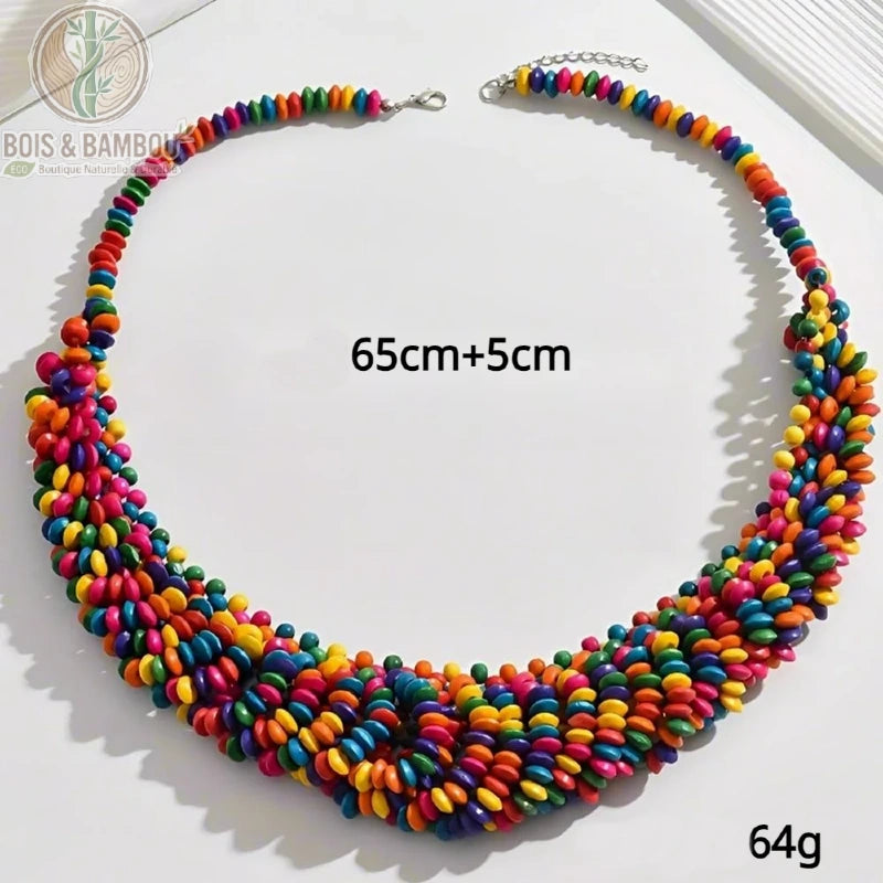 collier plastron petites perles bois multicolore dimensions 65 cm extension 5 cm poids 64g fermoir mousqueton
