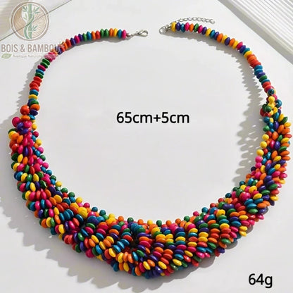 collier plastron petites perles bois multicolore dimensions 65 cm extension 5 cm poids 64g fermoir mousqueton