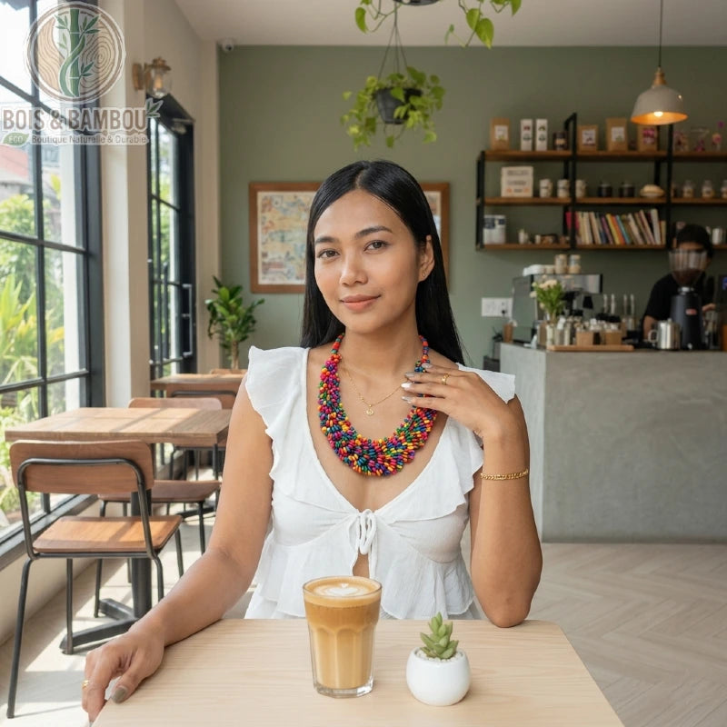 Collier plastron en perles de bois colorées porté par une femme dans un café, assise devant un latte et une petite plante.