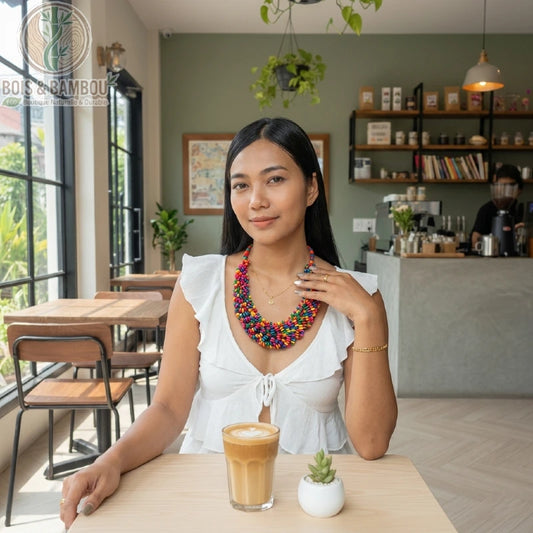 Collier plastron en perles de bois colorées porté par une femme dans un café, assise devant un latte et une petite plante.