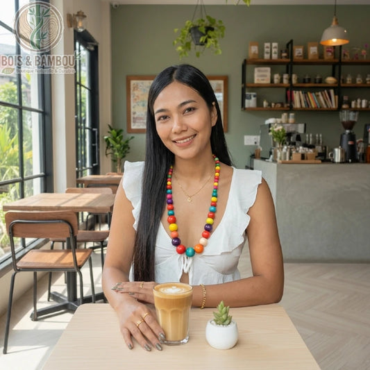 Collier plastron en grosses perles de bois aux couleurs multiples porté par une femme dans un café, assise devant un latte et une petite plante grasse.