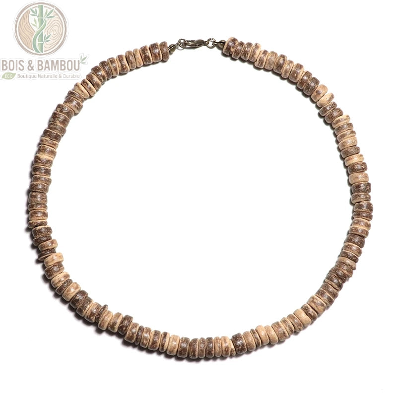 collier ras du cou perles disques bois wengé bicolore beige et brun clair sur fond blanc