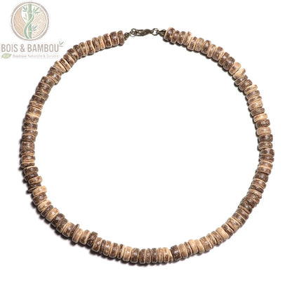 collier ras du cou perles disques bois wengé bicolore beige et brun clair sur fond blanc