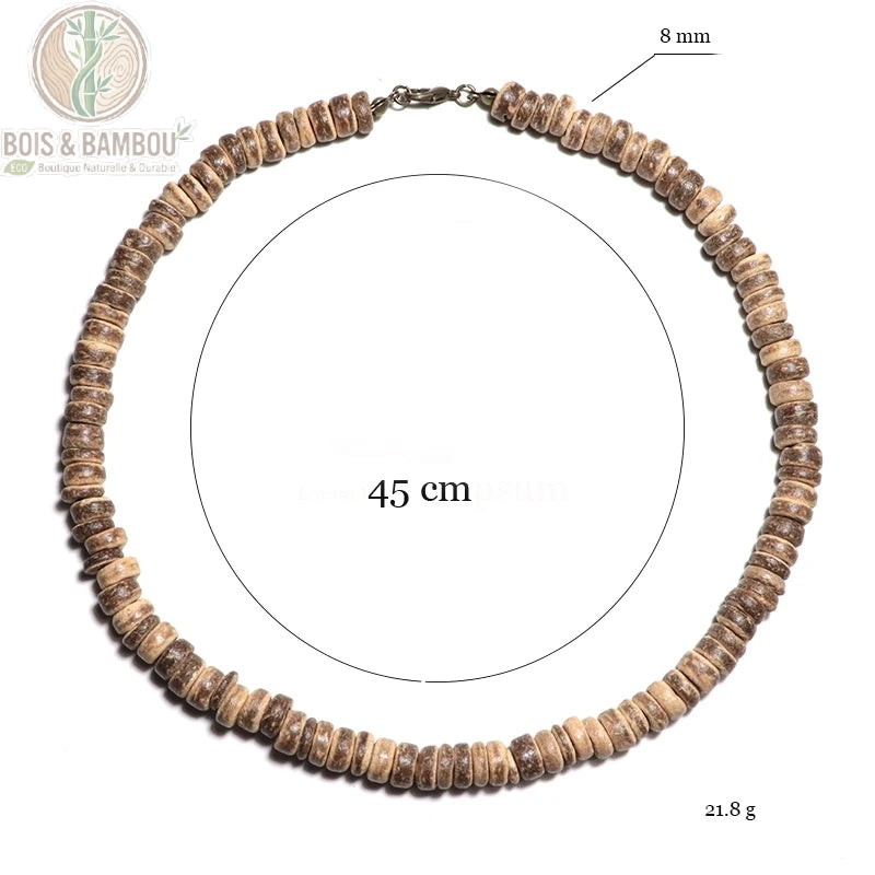 collier ras du cou bois wengé dimensions 45 cm perles 8 mm poids 21,8 g fermoir mousqueton