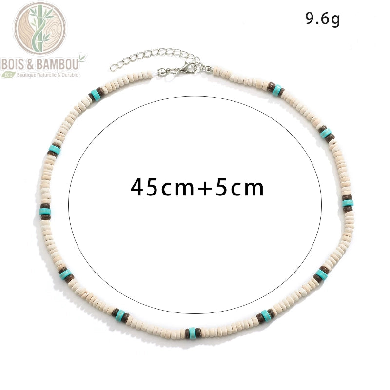collier ras du cou bois blanc turquoise dimensions 45 cm extension 5 cm poids 9,6 g fermoir mousqueton