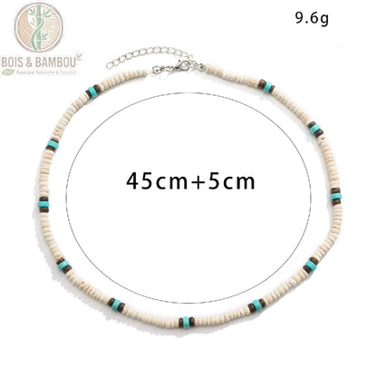 collier ras du cou bois blanc turquoise dimensions 45 cm extension 5 cm poids 9,6 g fermoir mousqueton