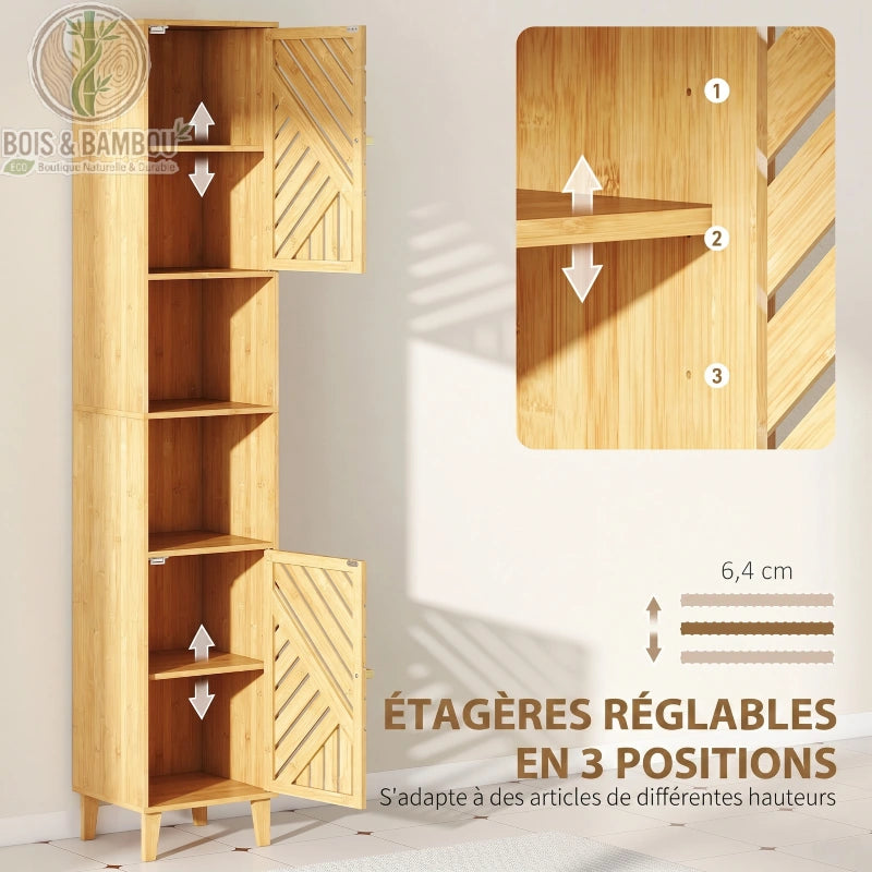 Colonne de Salle de Bain en Bambou descriptif 2. Infographie montrant les étagères réglables en 3 positions de la colonne en bambou, avec un ajustement de 6,4 cm pour s'adapter à divers articles.