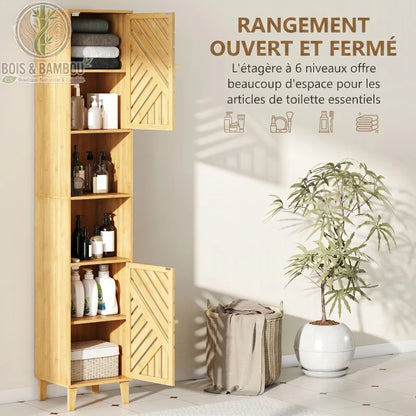 Colonne de Salle de Bain en Bambou descriptif 3. Infographie d'une étagère à 6 niveaux offrant un rangement ouvert et fermé pour les articles de toilette essentiels dans un design naturel.