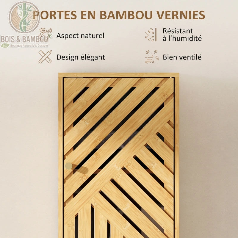 Colonne de Salle de Bain en Bambou descriptif. Zoom sur une porte en bambou verni au design élégant et ajouré, soulignant son aspect naturel, sa résistance à l'humidité et sa ventilation optimale.