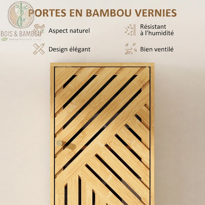 Colonne de Salle de Bain en Bambou descriptif. Zoom sur une porte en bambou verni au design élégant et ajouré, soulignant son aspect naturel, sa résistance à l'humidité et sa ventilation optimale.