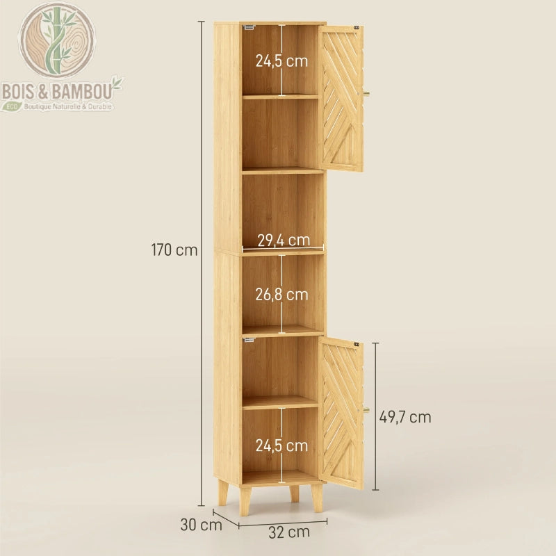 Colonne de Salle de Bain en Bambou dimensions. Infographie d'une colonne de 170 cm de haut et 32 cm de large, détaillant les compartiments de rangement et ses deux portes ajourées de 49,7 cm.