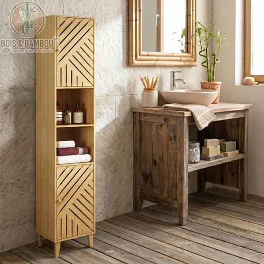 Colonne de Salle de Bain en Bambou situation. Une colonne de rangement élégante en bambou avec portes ajourées, installée dans une salle de bain zen à côté d'un meuble vasque en bois rustique.