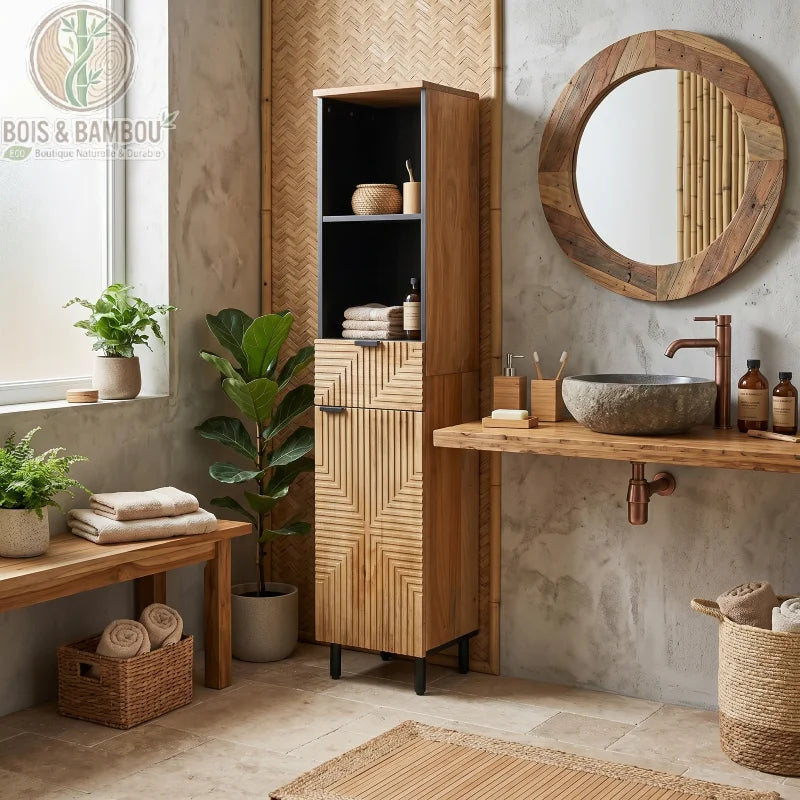 Colonne de Salle de Bain en Manguier : meuble haut élégant dans une salle de bain retro avec étagères ouvertes noires, tiroir et porte sculptés de motifs géométriques. Design moderne et naturel sur pieds noirs.