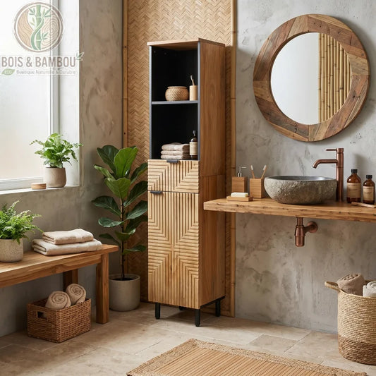 Colonne de Salle de Bain en Manguier : meuble haut élégant dans une salle de bain retro avec étagères ouvertes noires, tiroir et porte sculptés de motifs géométriques. Design moderne et naturel sur pieds noirs.