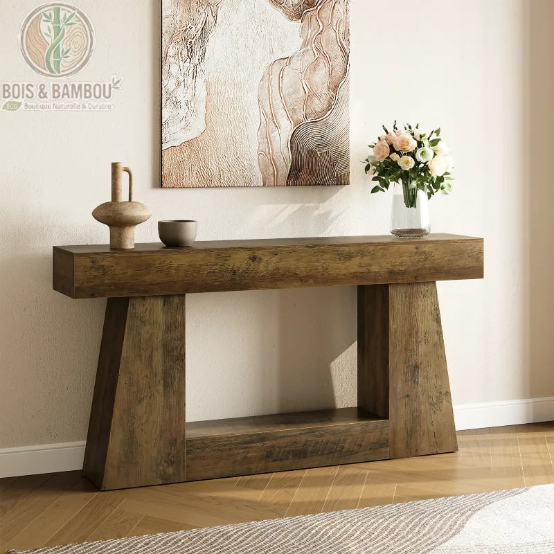 Console allongée style farmhouse 160 cm : meuble d'entrée en bois massif au design épuré et robuste. Sa silhouette minimaliste et son aspect naturel apportent élégance et caractère.