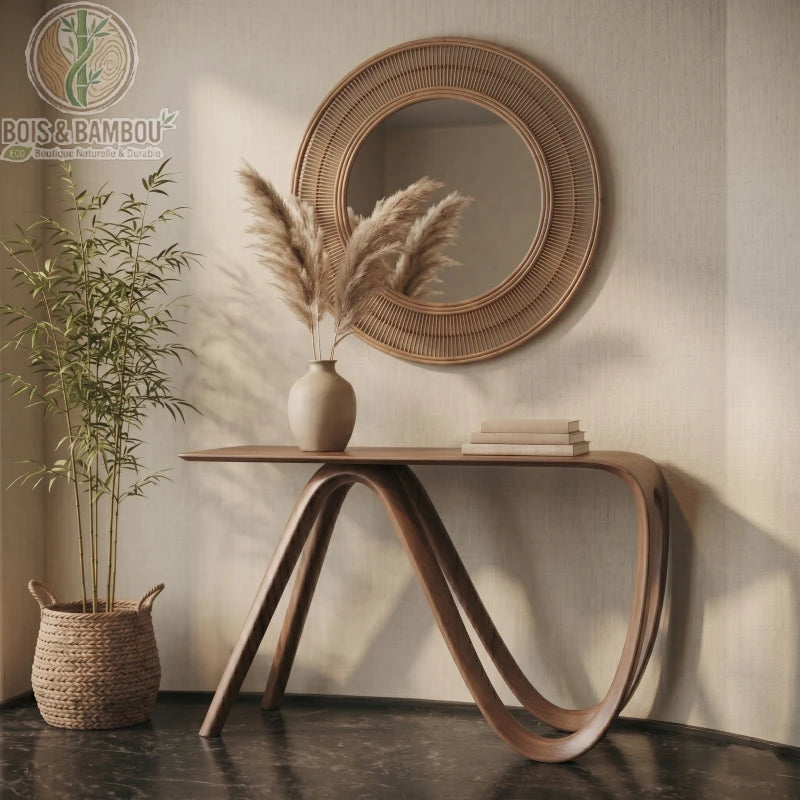 Console en Noyer Massif Artisanale situation. Console aux lignes fluides en noyer avec vase et livres, surmontée d'un grand miroir rond tressé, créant une décoration zen et élégante.