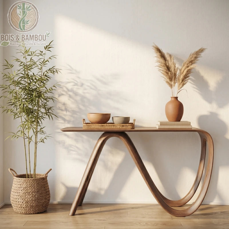 Console en Noyer Massif Artisanale. Console aux lignes courbes organiques avec un vase et des bols, placée près d'un bambou en pot pour une décoration d'intérieur naturelle et minimaliste.