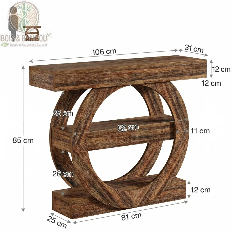 Console en bois massif d entree style farmhouse dimensions. Schéma technique d'une console design avec ses mesures détaillées : 106x31x85 cm, incluant les dimensions des étagères et du pied circulaire.