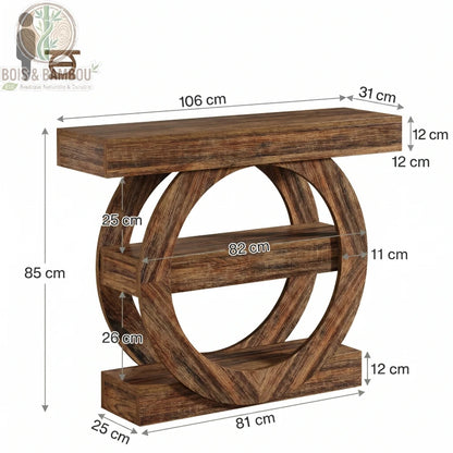 Console en bois massif d entree style farmhouse dimensions. Schéma technique d'une console design avec ses mesures détaillées : 106x31x85 cm, incluant les dimensions des étagères et du pied circulaire.