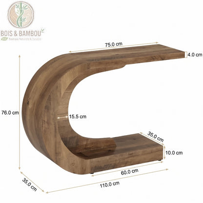 Console moderne en forme de C dimensions. Schéma technique d'une console design avec ses mesures : 110 cm de long, 76 cm de haut et 35 cm de large, soulignant sa structure courbée unique en bois.