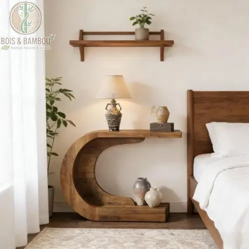 Console En Bois Massif Moderne En Forme De C situation 1. Table de chevet artistique en bois aux lignes courbes fluides, décorée d'une lampe vintage et de poteries dans une chambre élégante et naturelle.
