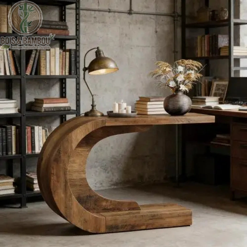 Console moderne en forme de C : meuble élégant en bois massif courbé. Son design unique et sculptural apporte une touche contemporaine et naturelle à une entrée ou un bureau industriel.
