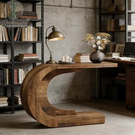 Console moderne en forme de C : meuble élégant en bois massif courbé. Son design unique et sculptural apporte une touche contemporaine et naturelle à une entrée ou un bureau industriel.
