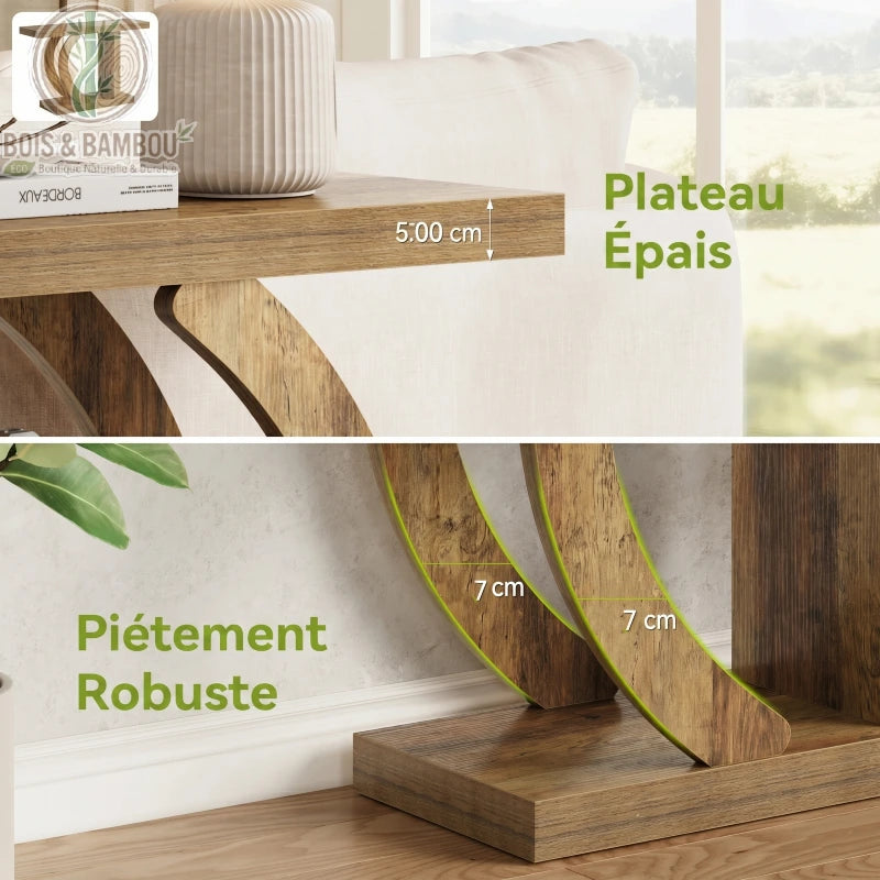 Console rustique a 4 niveaux descriptif. Détails techniques montrant un plateau épais de 5 cm et un piétement robuste de 7 cm en bois massif, garantissant la stabilité et la durabilité du meuble.