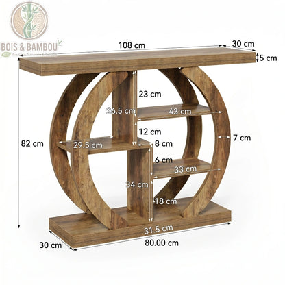 Console rustique a 4 niveaux dimensions. Schéma détaillé présentant les mesures de la console : 108x30x82 cm, avec les dimensions précises de chaque étagère interne et l'épaisseur du bois massif.