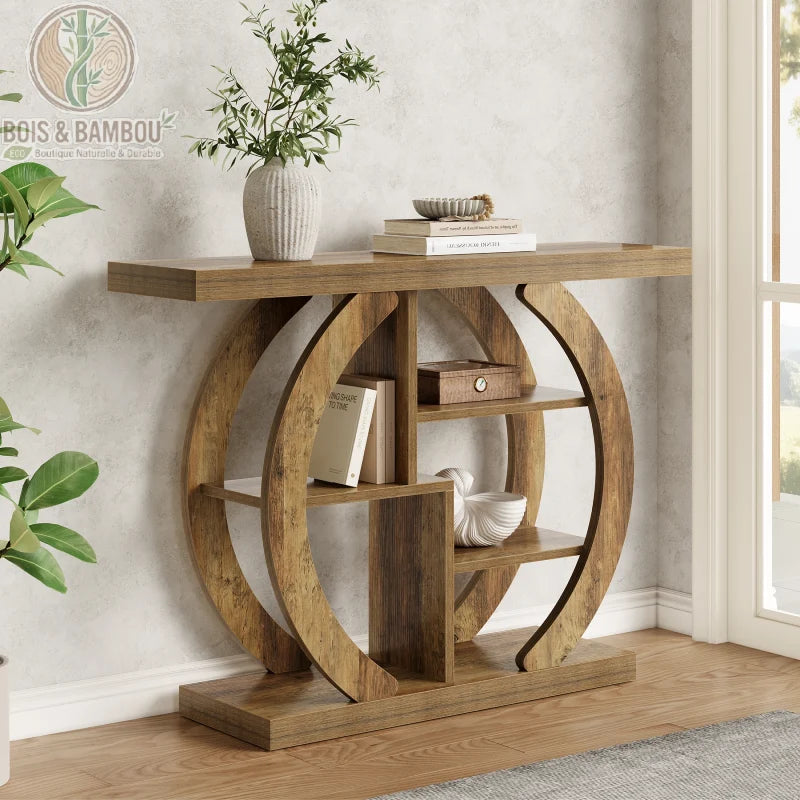 Console rustique à 4 niveaux : meuble d'entrée en bois au design circulaire unique avec étagères asymétriques. Une pièce décorative robuste et élégante pour un intérieur chaleureux.