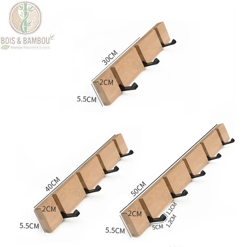 Crochets Muraux Pliables bois 3 dimensions. Infographie présentant trois modèles de patères en bambou avec crochets noirs pliables, mesurant respectivement 30 cm, 40 cm et 50 cm de longueur.