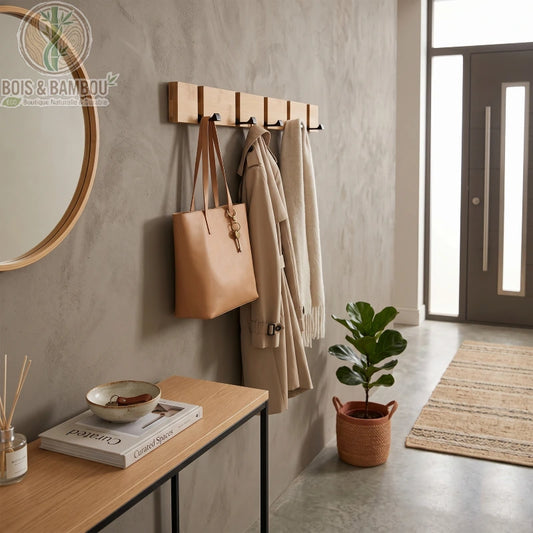 Crochets Muraux Pliables bois situation. Patère en bambou avec crochets noirs rétractables fixée au mur d'une entrée, supportant un sac à main et un manteau beige dans un décor moderne et épuré.