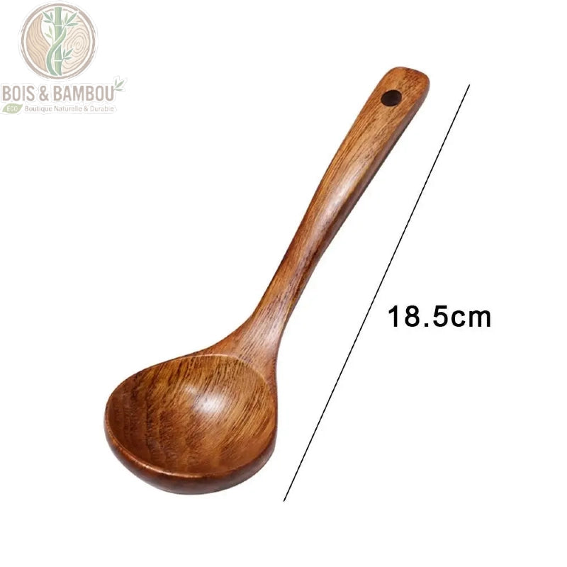 Cuillere longue bois coreenne 18,5 cm, vue dimensions avec trou de suspension au bout du manche. Bois et Bambou Eco.