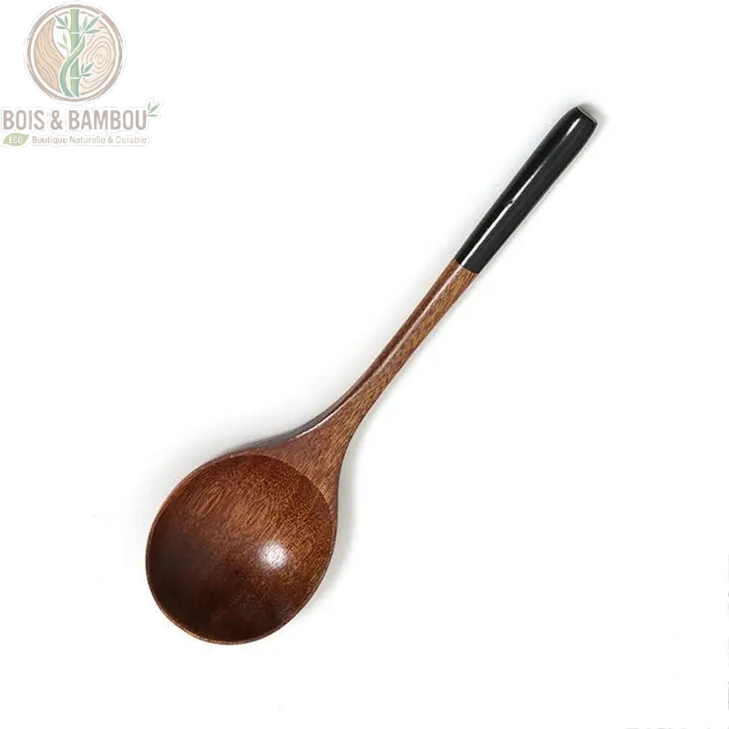 Cuillere longue bois coreenne modele C, version bois marron fonce, manche long et cuilleron rond. Bois et Bambou Eco.
